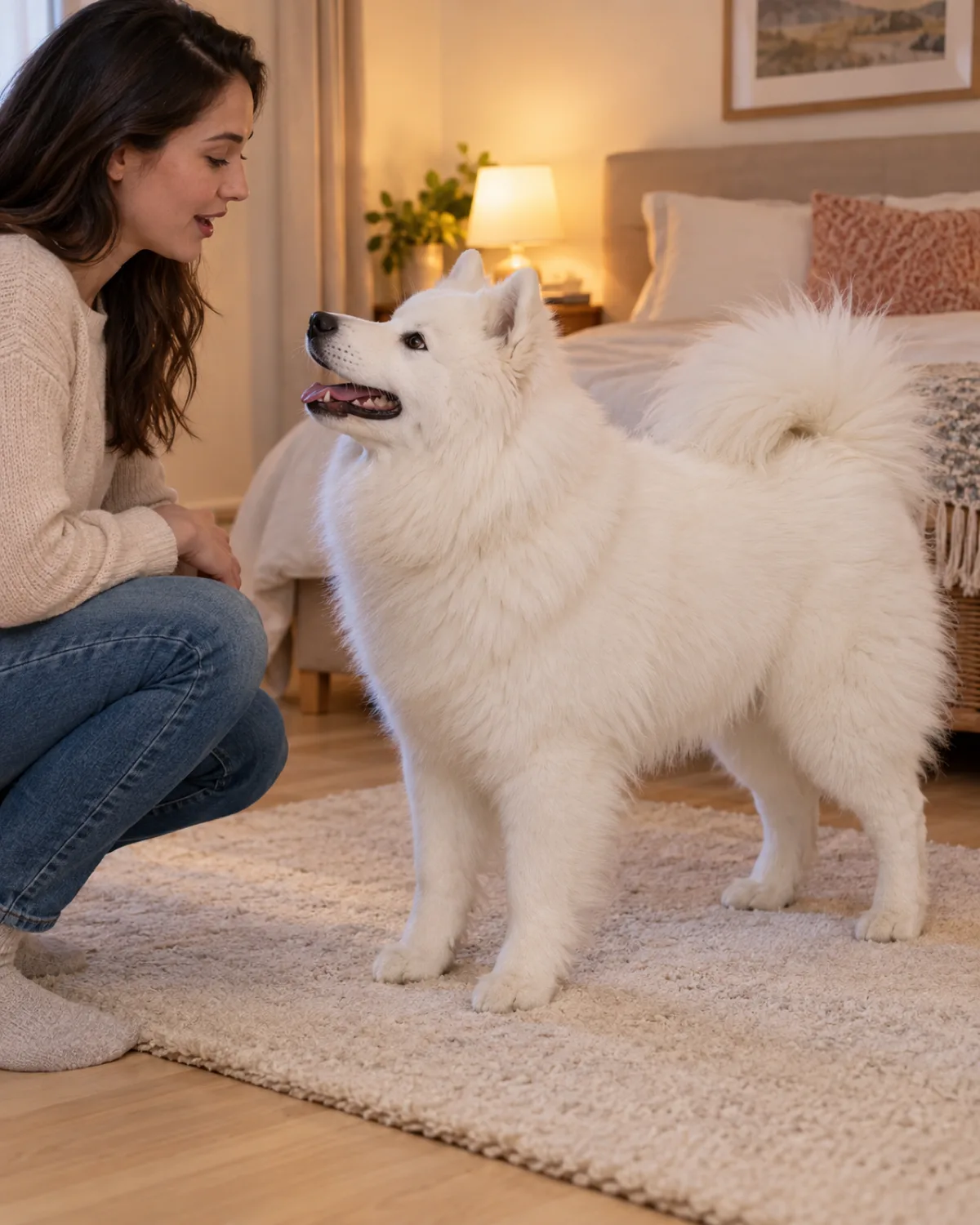 a large pure-white thick double-coated dog looking up attentively at a person crouching and speaking in a warm bedroom