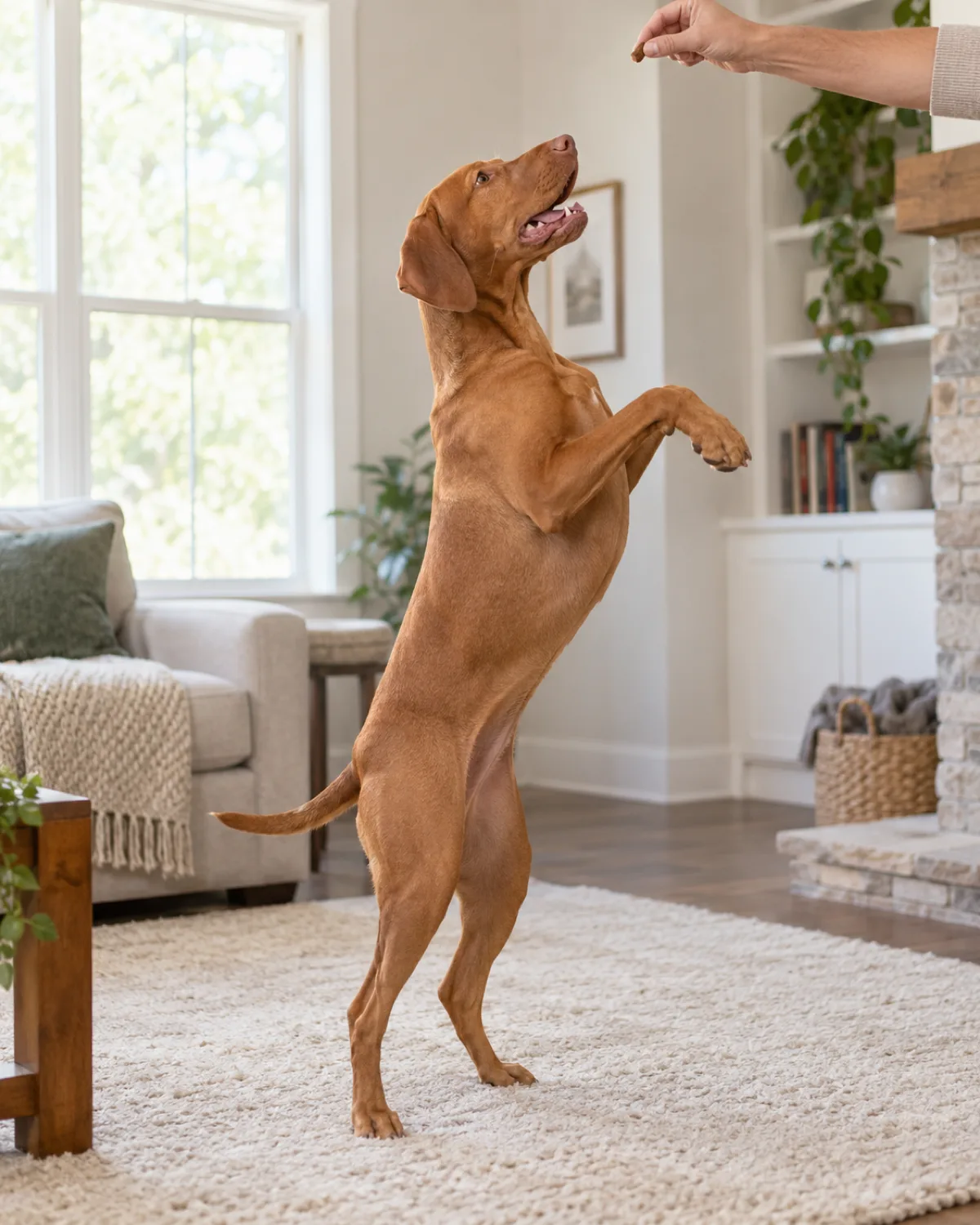 a medium rusty-golden smooth short-coated dog standing on hind legs reaching up toward a hand holding a treat too high
