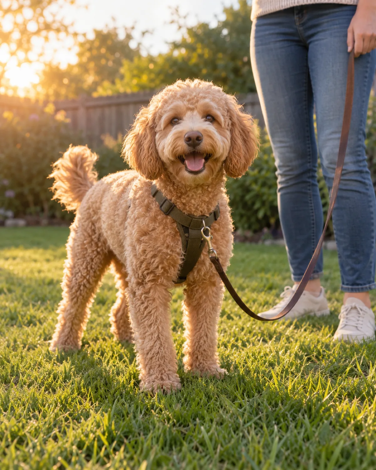 a medium apricot curly-coated dog on green grass at golden hour looking up happily with a loose harness and leash