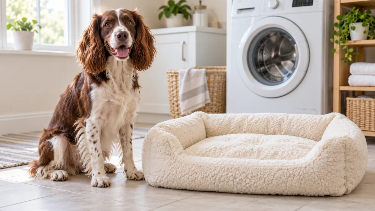 a medium athletic dog with a liver-and-white medium coat and long feathered drop ears sitting beside a freshly washed fluffy cream-colored dog bed in a bright laundry room