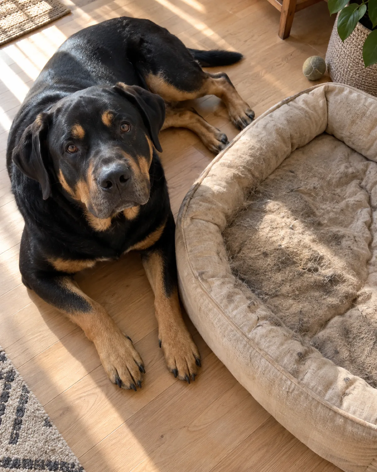 a large powerful black-and-tan short-coated dog lying beside an old beige dog bed on a light hardwood floor with sunlight illuminating visible dog hair and dander on the compressed surface