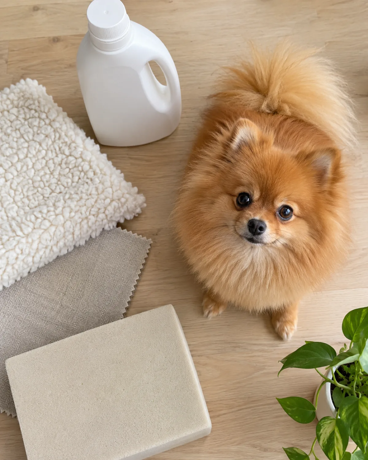 a tiny dog with a profuse fluffy orange double coat, a foxy face and small erect ears sitting on a light wooden table beside several fabric swatches of different textures and a generic white bottle of plant-based laundry detergent