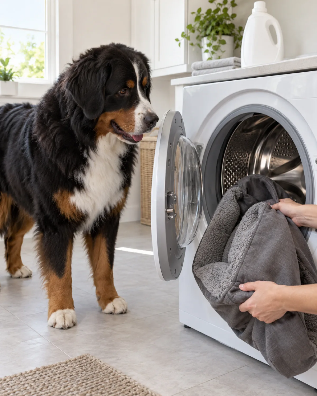 a large sturdy dog with a thick tricolor coat standing beside an open front-loading washing machine in a bright white laundry room as human hands place a grey dog bed cover into the stainless steel drum