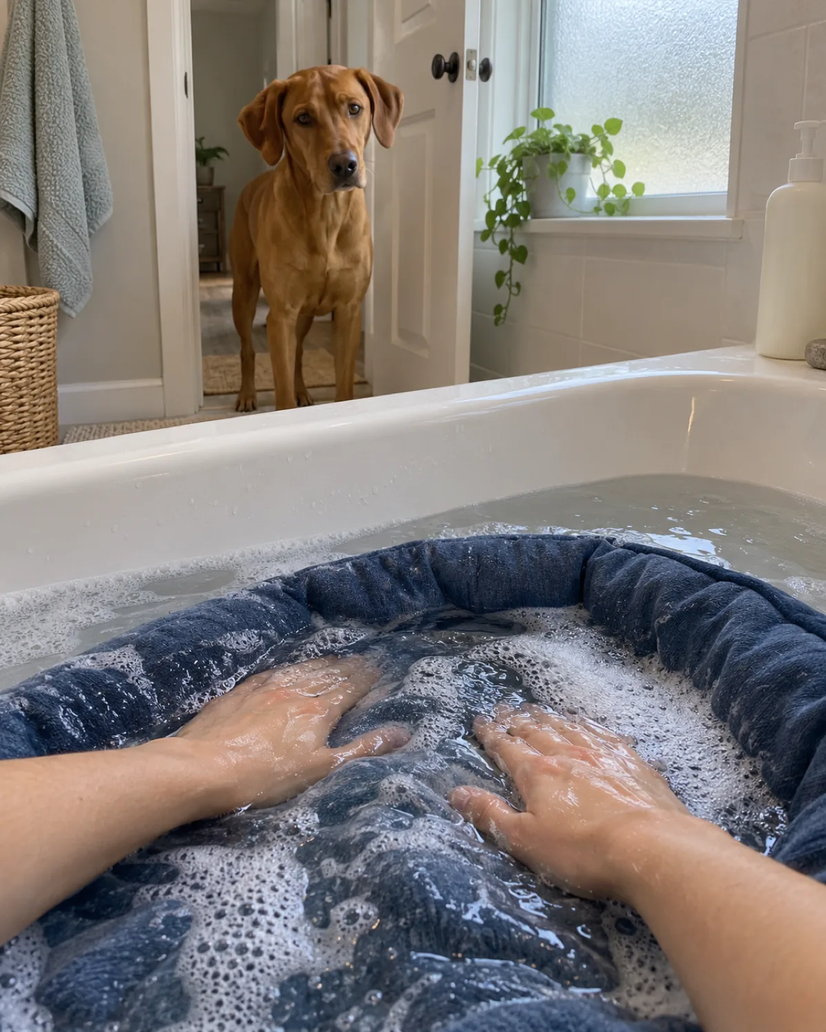 a sleek rusty golden-brown short-coated dog standing in a bathroom doorway watching as hands knead a large blue dog bed submerged in warm sudsy water in a white bathtub