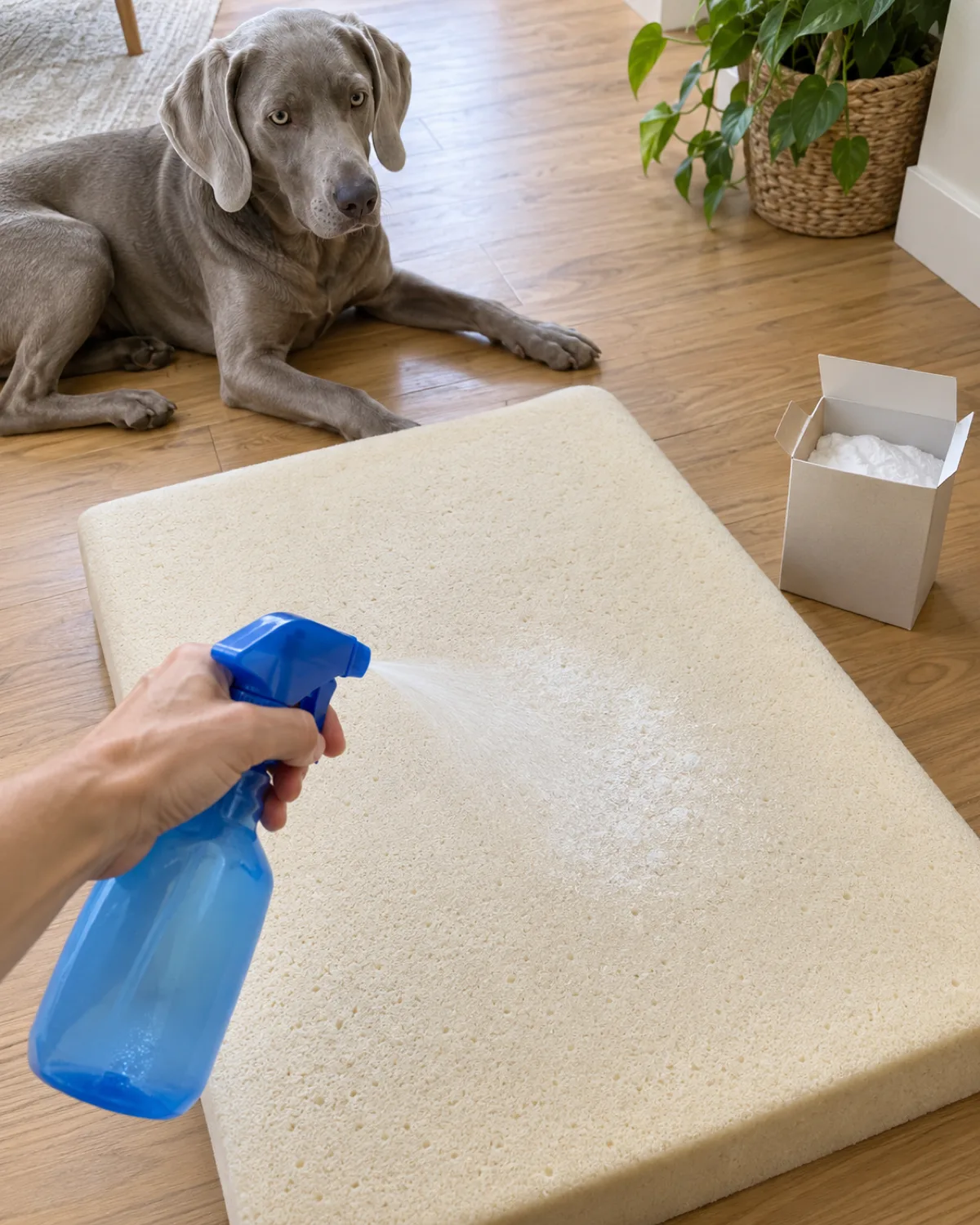 a large sleek dog with a solid silver-grey short coat and pale eyes lying calmly on a light hardwood floor while a person sprays enzyme cleaner from a blue bottle onto a beige memory foam mattress insert laid flat nearby with a box of baking soda beside it