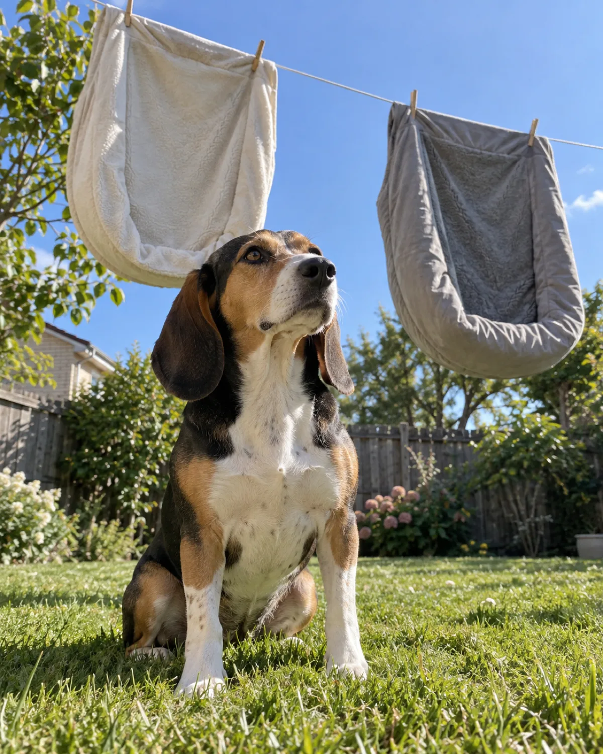 a small sturdy tricolor hound with long low-set floppy ears sitting on a green lawn in a sunny backyard with two freshly washed dog bed covers hanging on a clothesline behind, gently swaying in the breeze