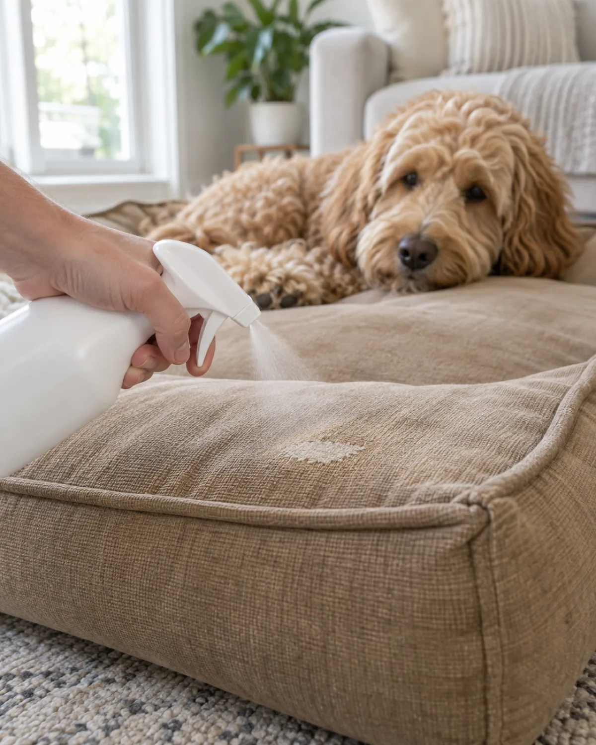 a medium dog with a soft shaggy wavy-to-curly golden coat and a rounded teddy-bear face lying relaxed on a tan dog bed in a bright living room while a person holds a white spray bottle aimed at a small light-colored stain on the bed fabric