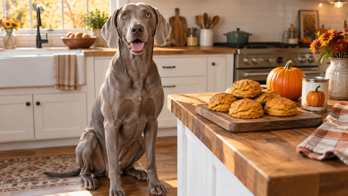 a large sleek silver-grey short-coated dog with floppy ears and pale eyes sitting in a bright farmhouse kitchen beside golden-brown pumpkin biscuits and a whole small pumpkin