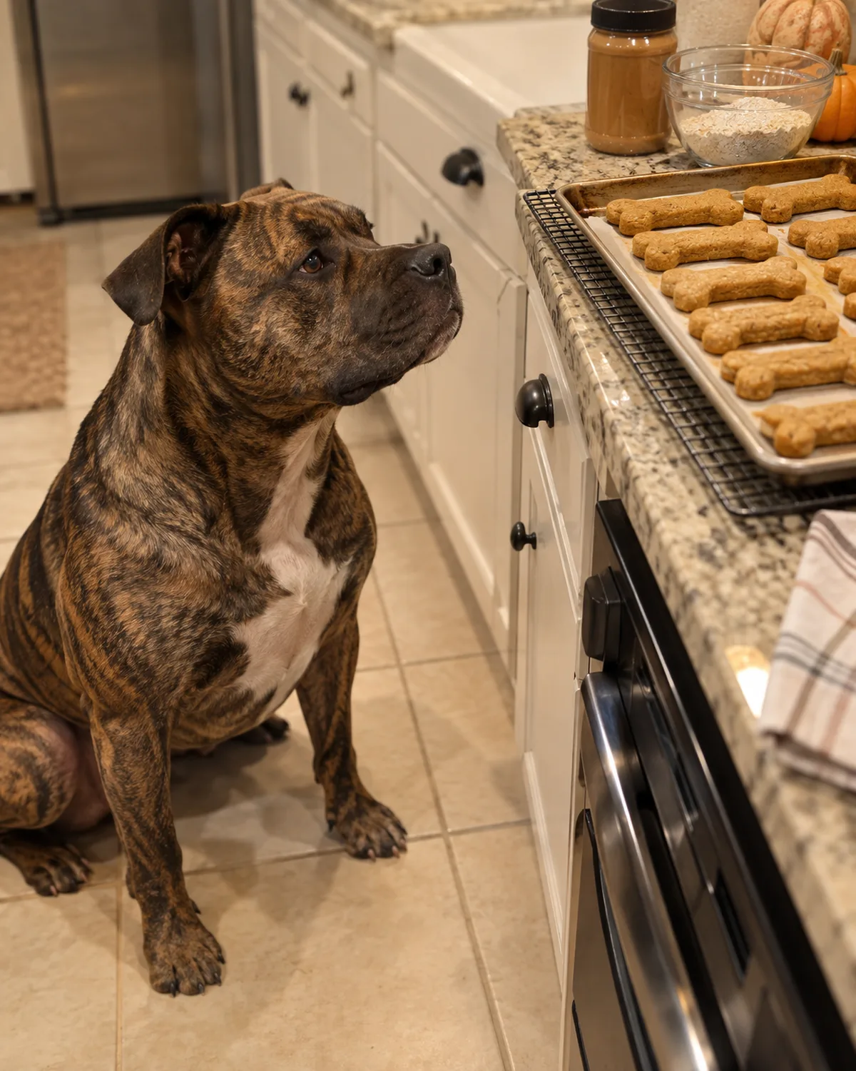 a medium muscular brindle-coated dog with a broad blocky head sitting on a cream tile kitchen floor watching bone-shaped pumpkin biscuits cooling on a wire rack with a jar of peanut butter behind