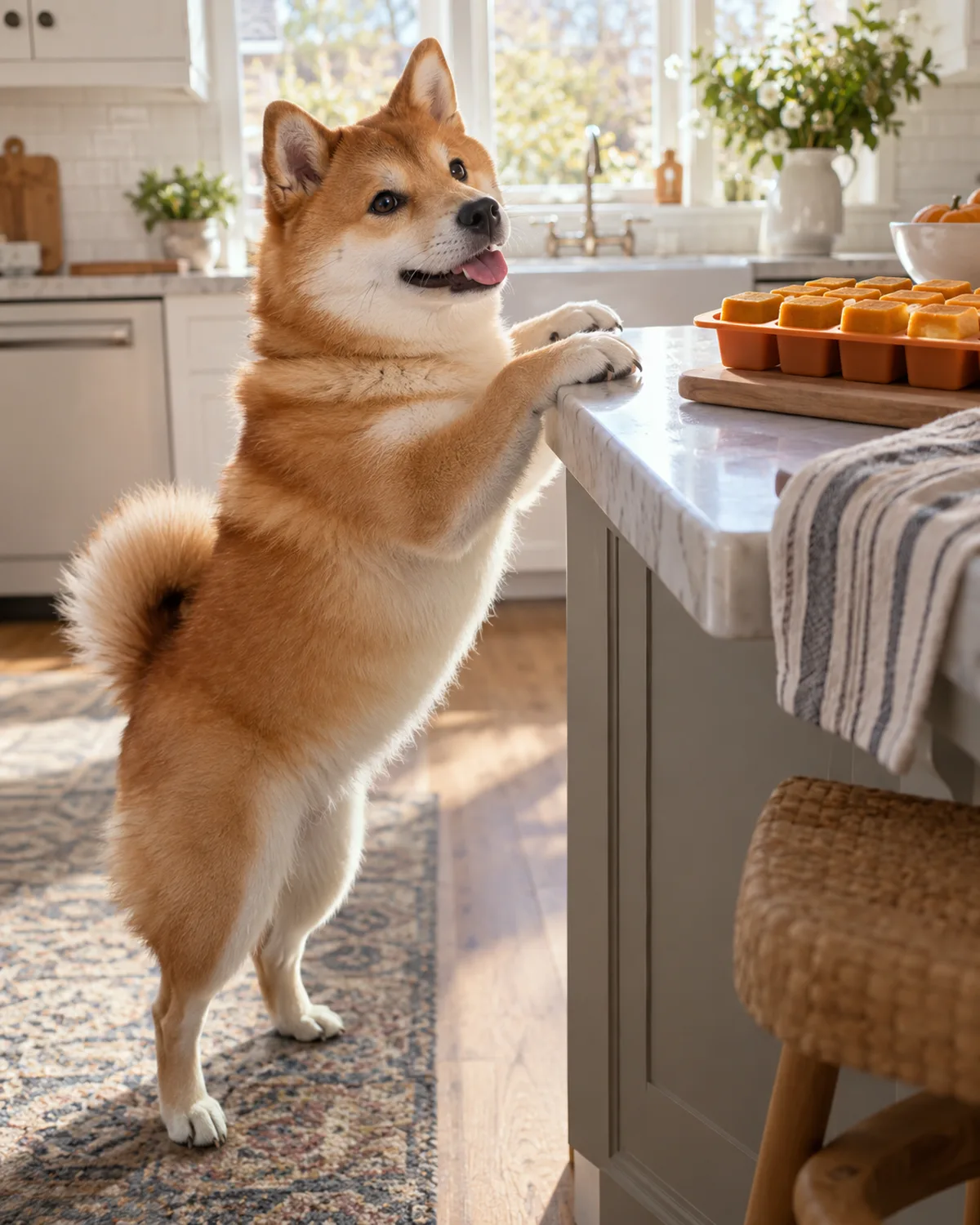 a small compact orange-red double-coated dog with erect ears standing on hind legs with front paws on a kitchen island edge near frozen pumpkin yogurt cubes in a silicone mold