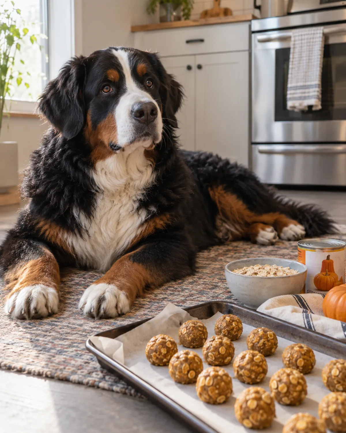 a large sturdy tricolor dog with a black body, rust eyebrows, and white chest blaze lying on a kitchen rug next to a tray of rolled pumpkin oat balls with oats and pumpkin puree nearby