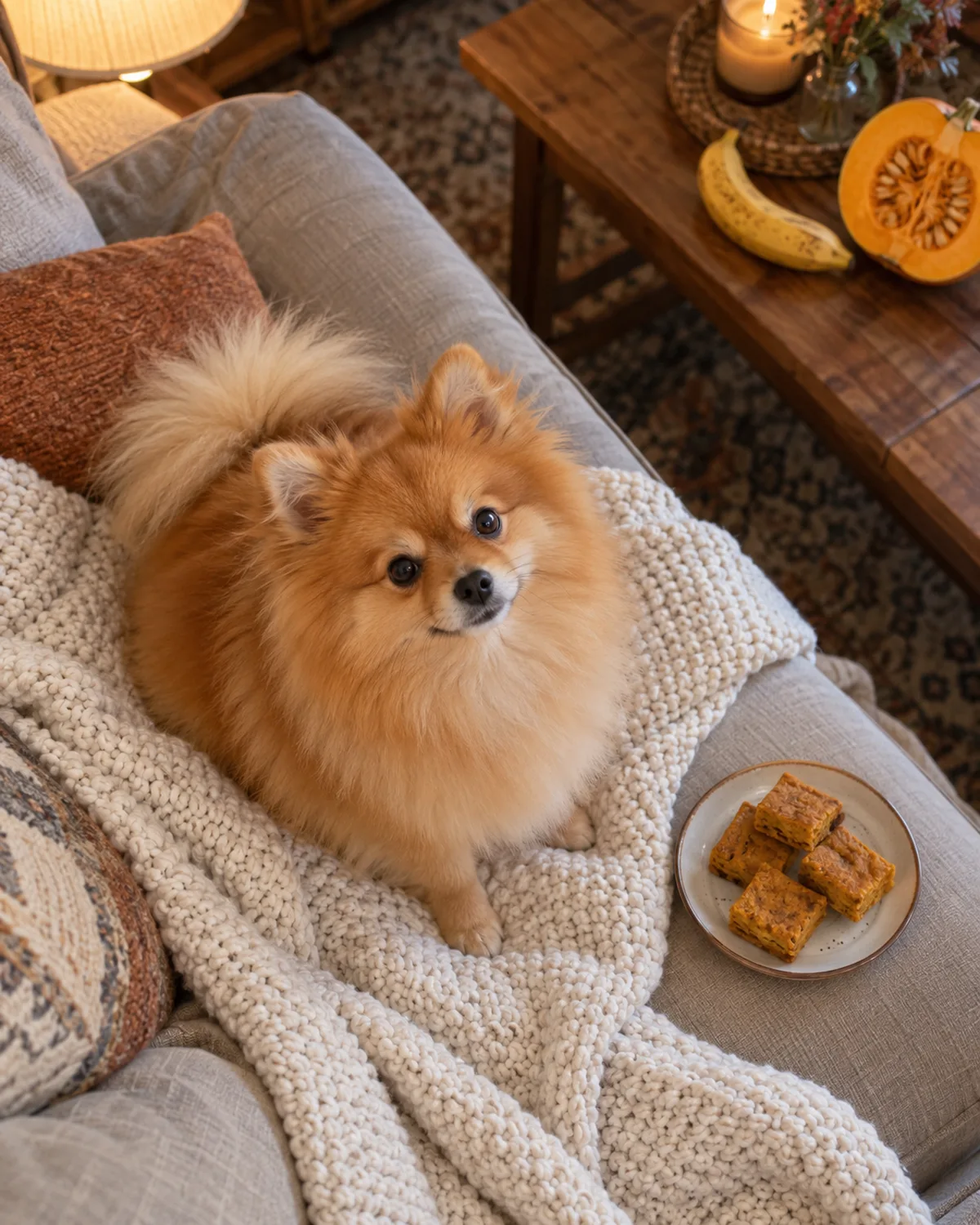a tiny fluffy orange dog with a foxy face and erect ears sitting on a cream knit blanket beside a plate of soft pumpkin banana squares with a banana and halved pumpkin behind