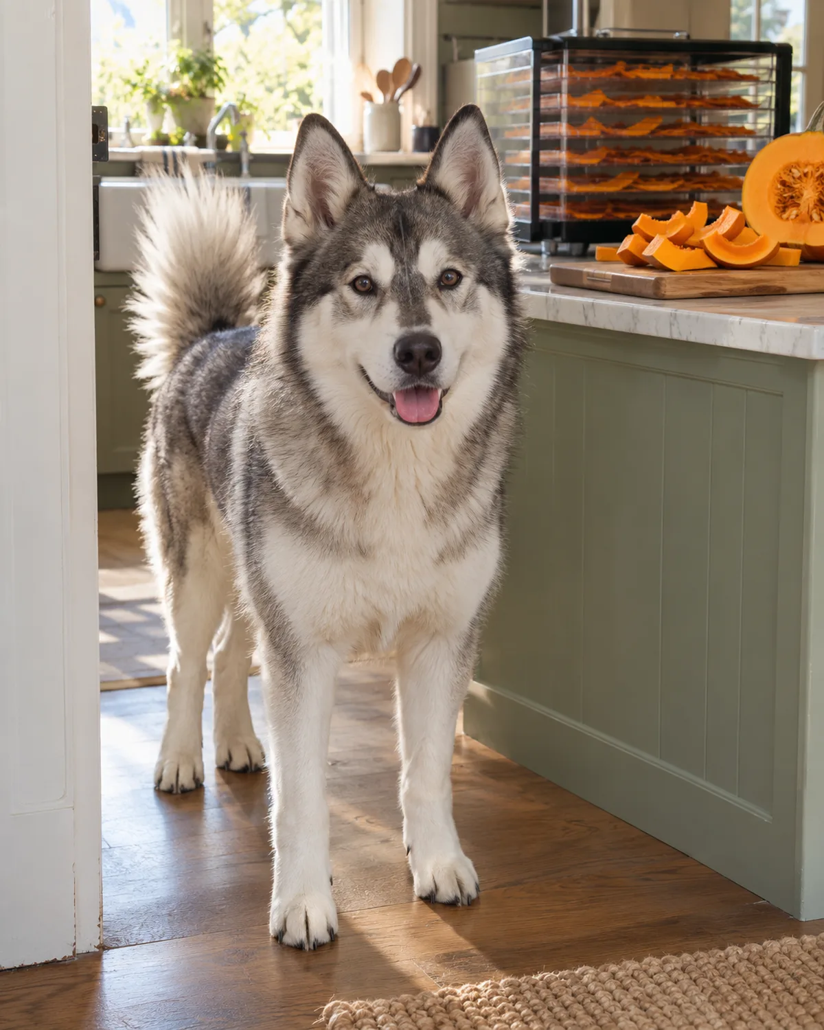 a medium athletic grey-and-white double-coated dog with erect triangular ears and a bushy tail standing in a kitchen doorway near a dehydrator rack of pumpkin jerky strips