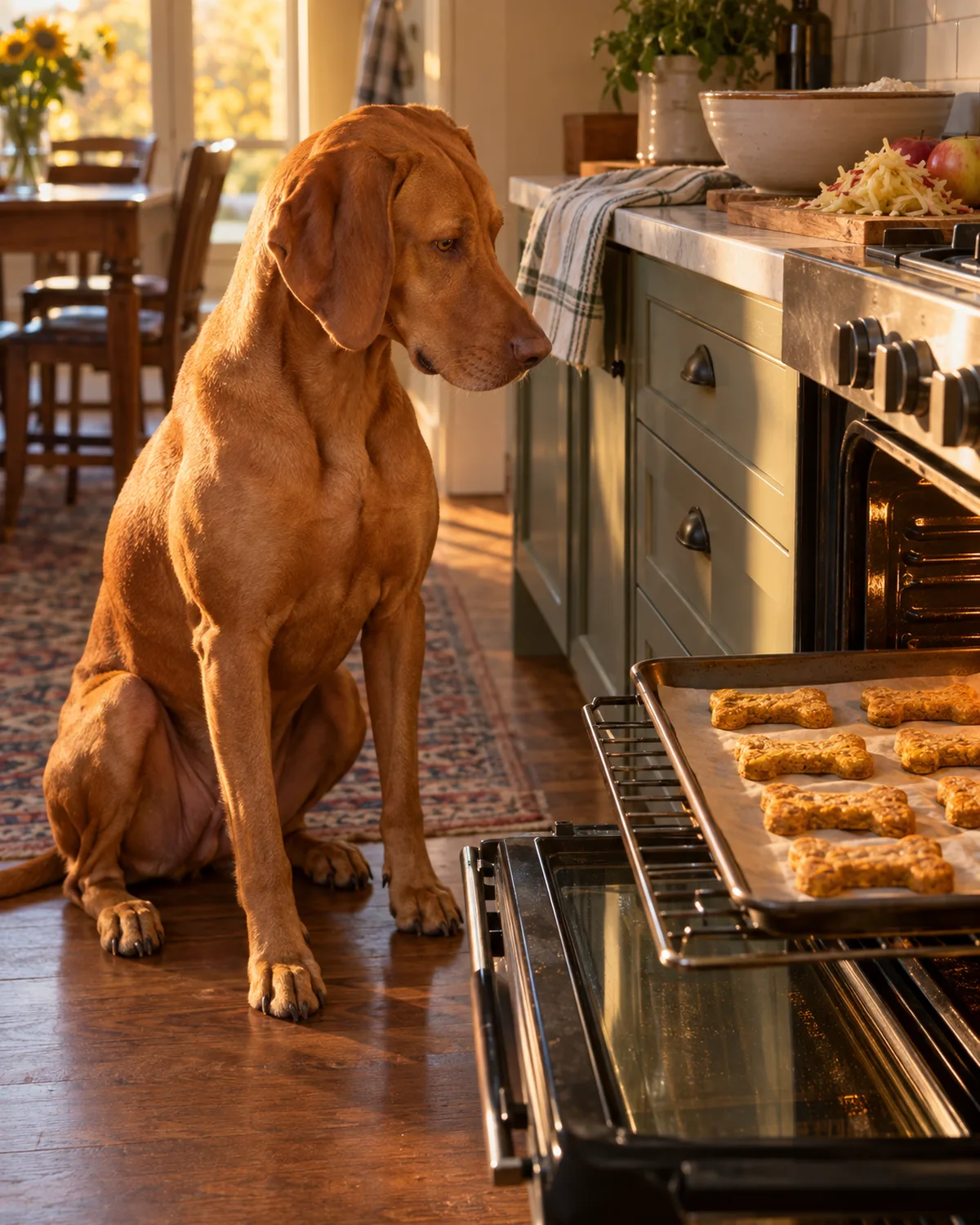 a medium-large sleek rusty golden-brown short-coated dog with floppy ears sitting on a hardwood kitchen floor beside an open oven with bone-shaped pumpkin apple cookies on a pulled-out rack