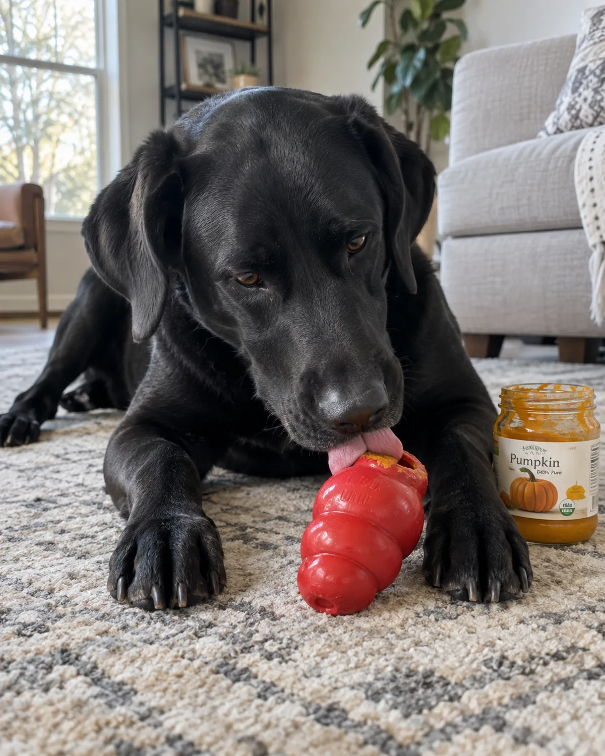 a large athletic solid-black short-coated dog with floppy ears lying on a living room rug working a red Kong stuffed with frozen pumpkin filling with tongue reaching into the opening