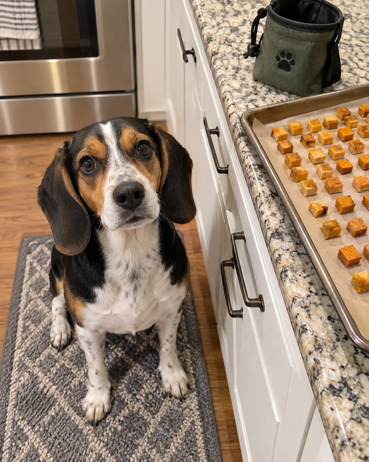 a small sturdy tricolor short-coated hound with long floppy ears sitting at attention on a kitchen mat near tiny pumpkin sweet potato training squares cooling on the counter