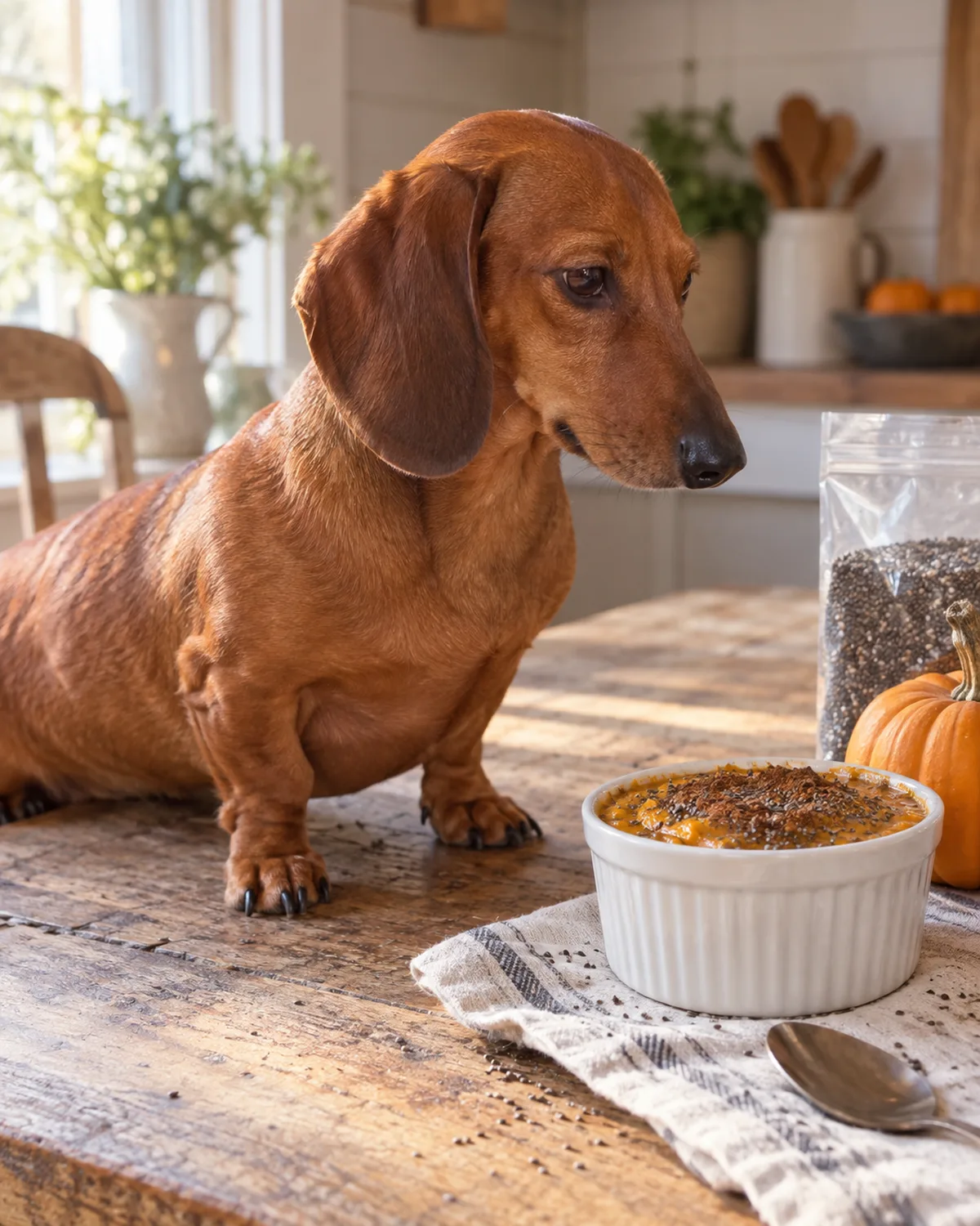 a small dog with very short legs and a long low body, smooth solid-red coat and long floppy ears sitting beside a ramekin of pumpkin chia seed pudding with chia seeds and a small pumpkin nearby