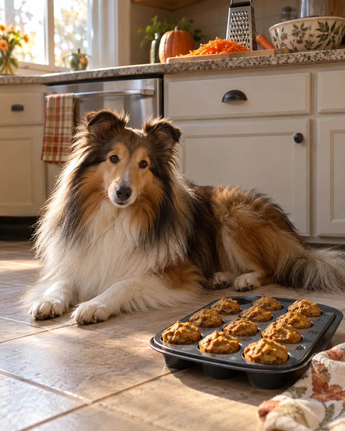 a small collie-like dog with abundant sable-and-white long coat and semi-erect ears lying on a kitchen floor next to a mini muffin tin of pumpkin carrot muffins with shredded carrot and a grater above