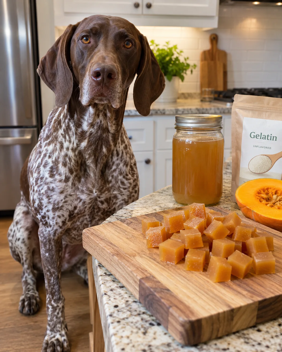a large lean liver-and-white ticked dog with floppy ears sitting beside a wooden cutting board of cubed pumpkin bone broth gelatin bites with a jar of bone broth and gelatin packet nearby