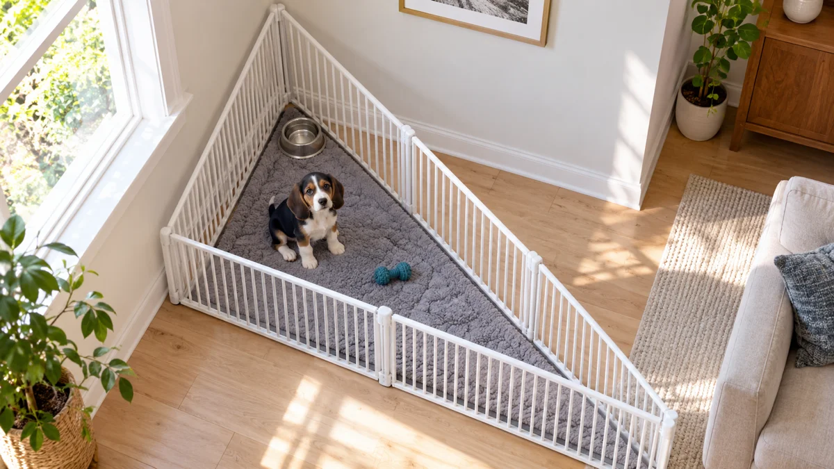 a tricolor hound puppy sitting inside a white foldable playpen in a sunny living room corner with a washable grey pad and chew toy