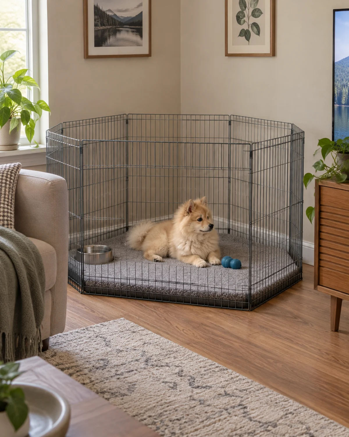 a fluffy golden-cream Spitz-type puppy lying on a grey mat inside a hexagonal wire playpen set against two beige walls in a living room corner with soft afternoon light