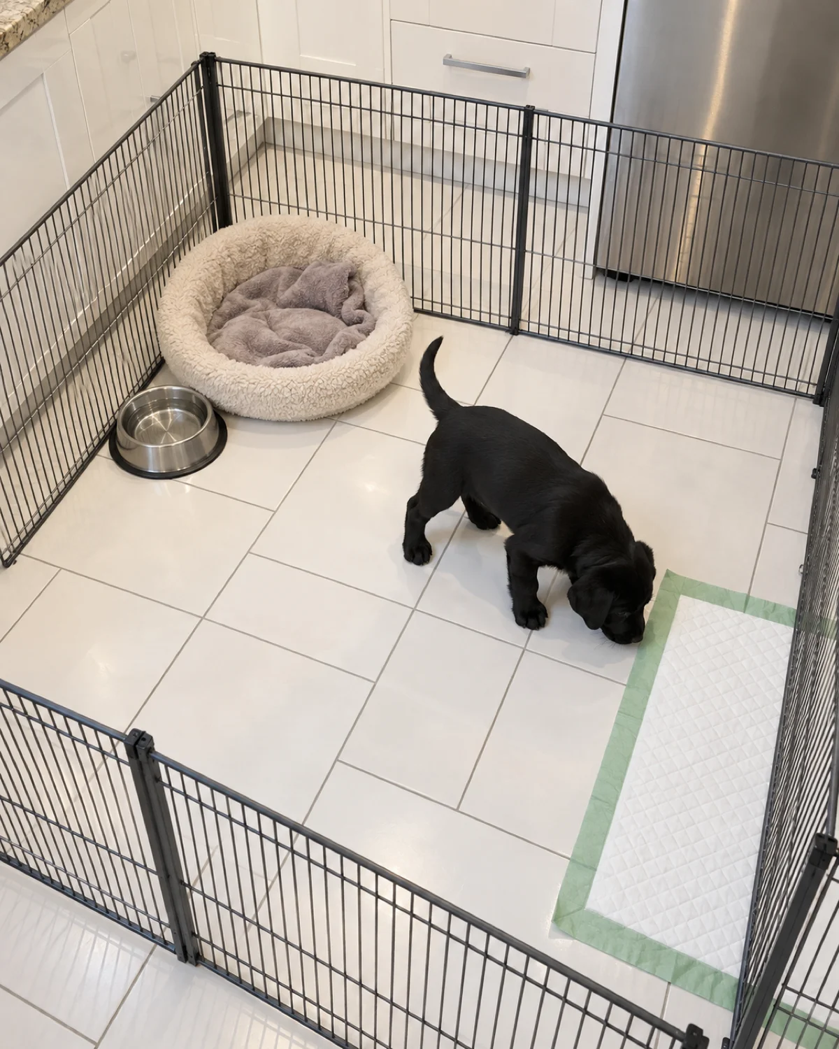 a solid-black Lab-type puppy sniffing near a green-bordered potty pad inside a metal playpen on a white tile kitchen floor with a round bed and water bowl in the opposite corner