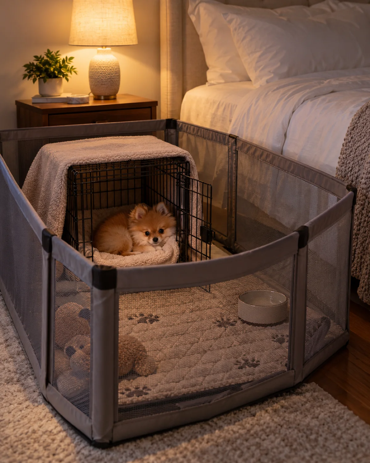 a tiny fluffy orange Pomeranian-type puppy curled up inside an open-door crate within a fabric playpen set beside a bed with white linens in a bedroom with warm lamp light