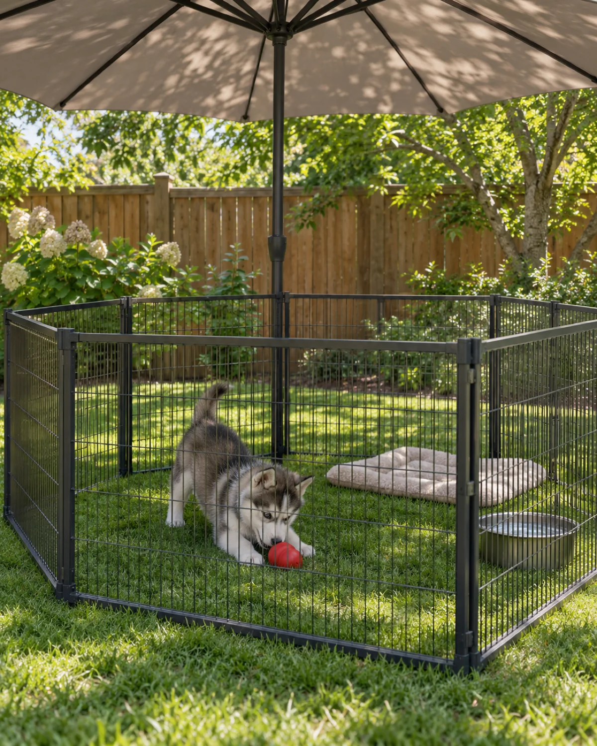 a grey-and-white Husky-type puppy playing with a red treat toy inside a heavy-duty outdoor metal playpen on green grass under a shade umbrella with a wooden fence in the background