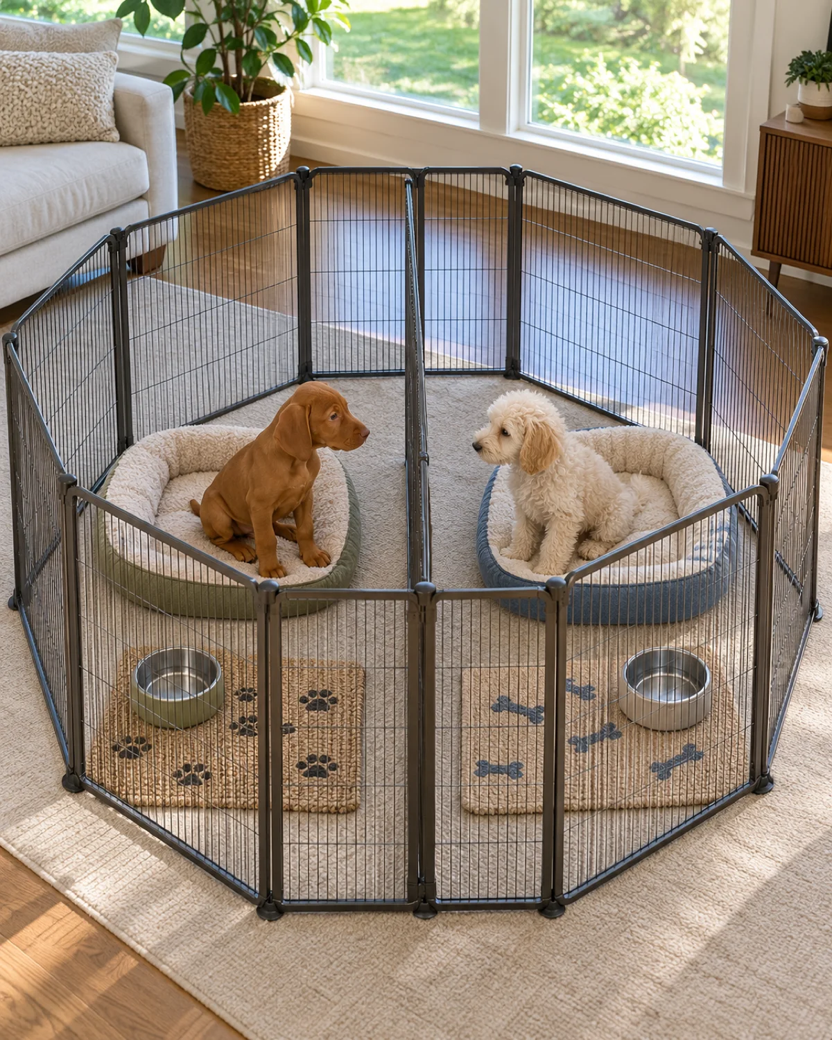 two puppies โ a rusty golden Vizsla-type and a cream-white curly Poodle-type โ sitting in separate sections of a large divided octagonal playpen with beds and water bowls in a bright living area