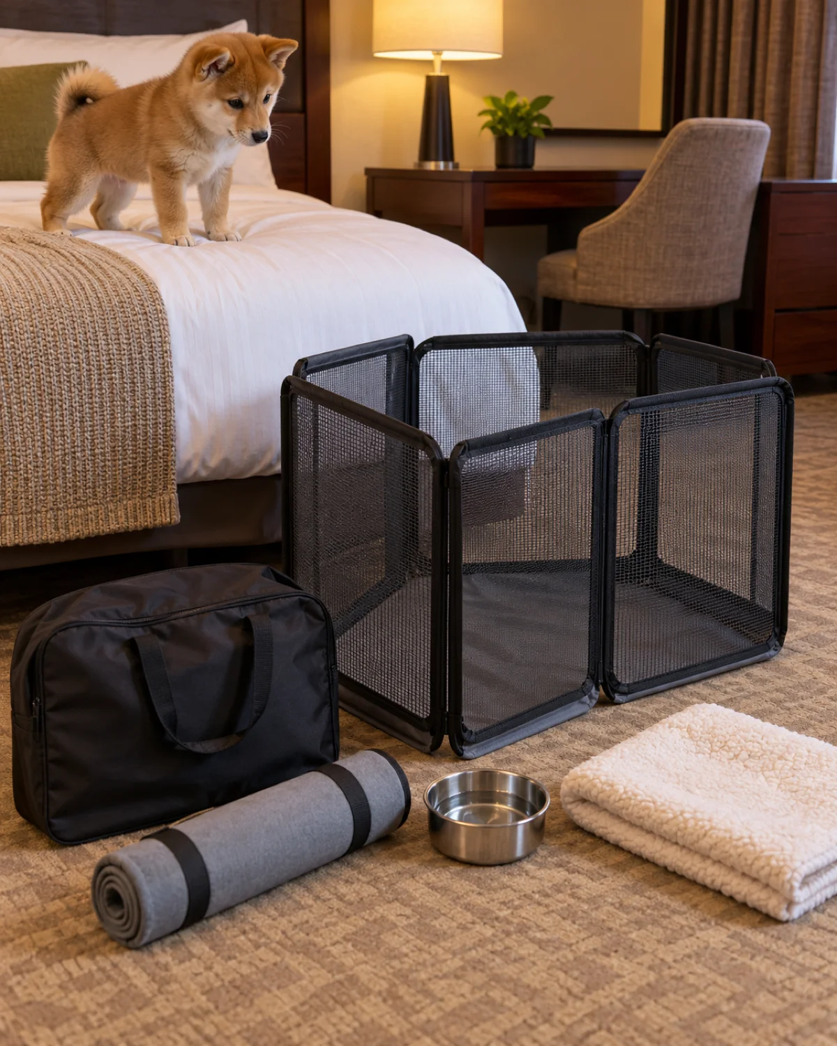 a small orange-red Shiba-type puppy watching from a hotel bed as a portable folding playpen is set up on the floor next to a rolled waterproof mat and carrying bag