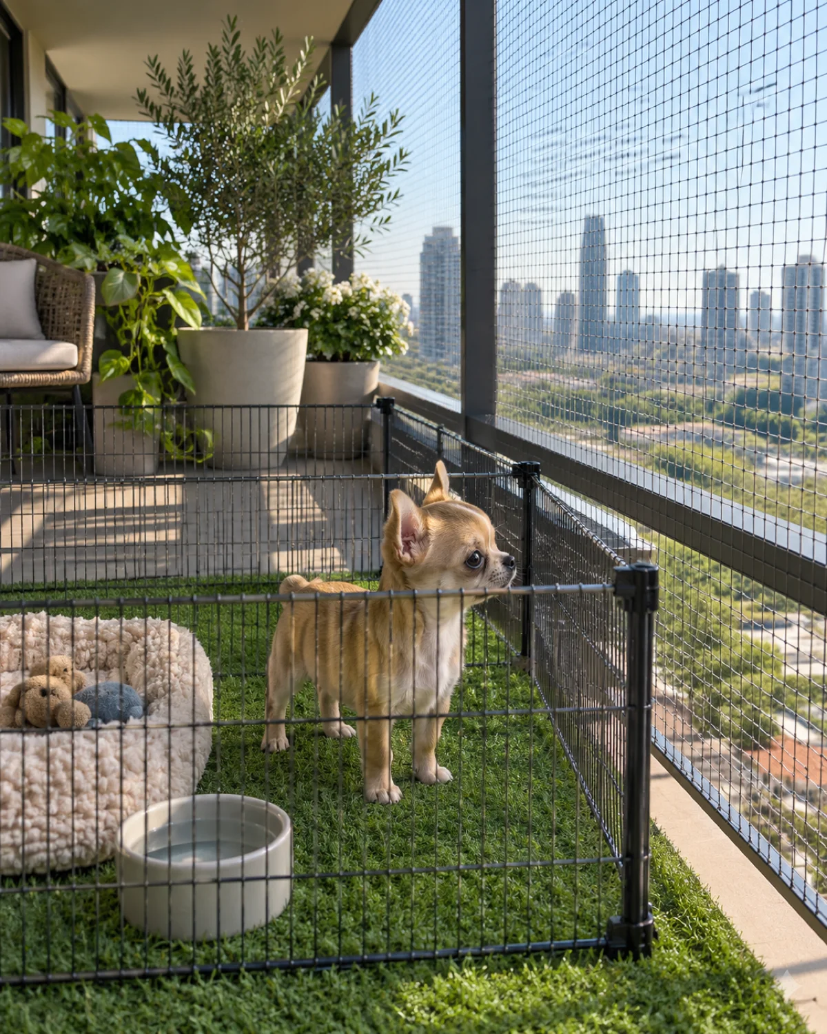 a tiny fawn Chihuahua-type puppy standing on a patch of artificial green turf inside a short wire pen on an apartment balcony with safety netting on the railing and a city skyline in the background