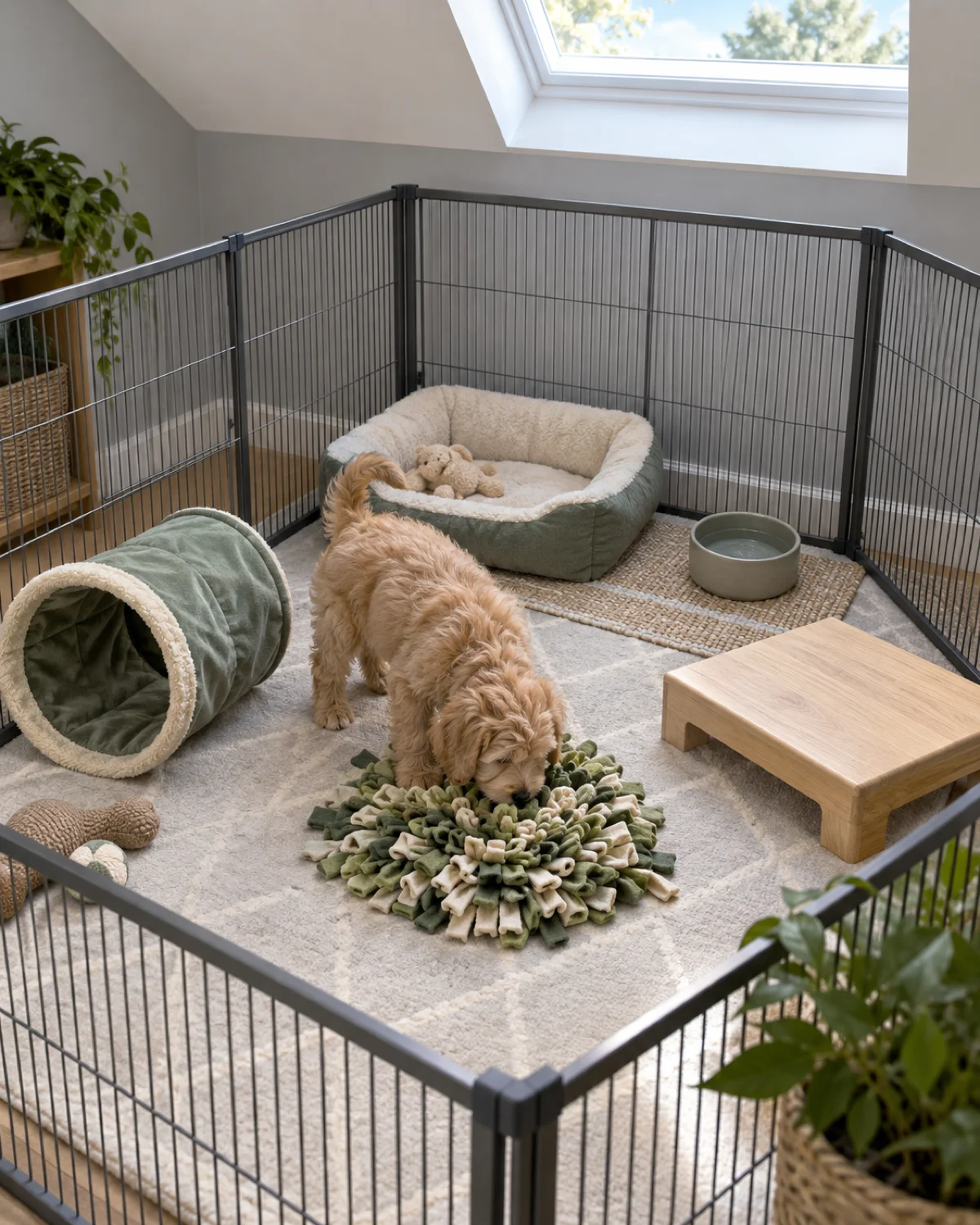 an apricot shaggy Doodle-type puppy nosing through a green snuffle mat inside a spacious pen with a fabric tunnel, a dog bed, and a wooden stepping platform in a bright room with a skylight