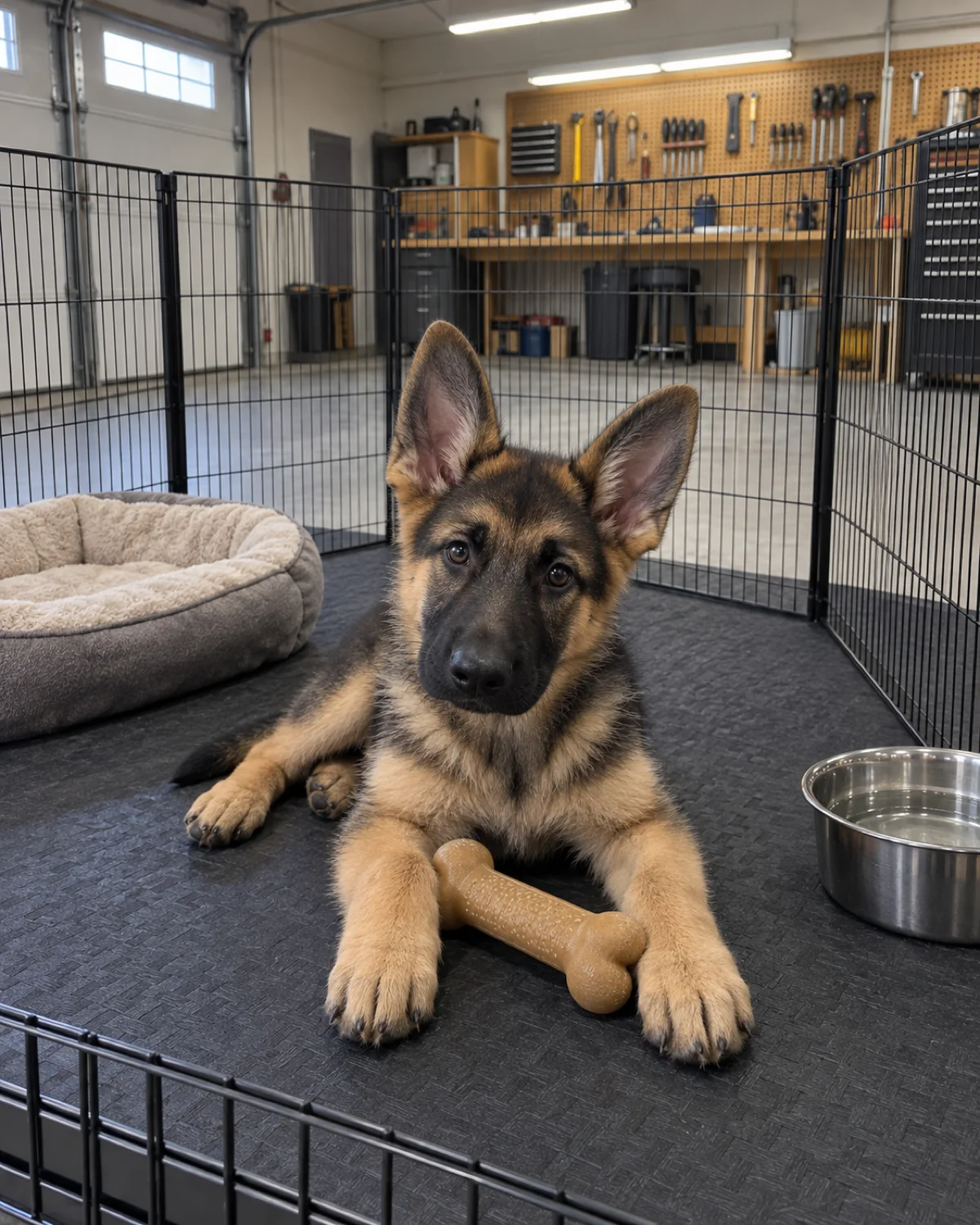 a tan-and-black German Shepherd-type puppy lying on a rubber mat inside a wire playpen in a garage workshop corner with a chew bone, a round bed, and a water bowl, far from the pegboard tool wall