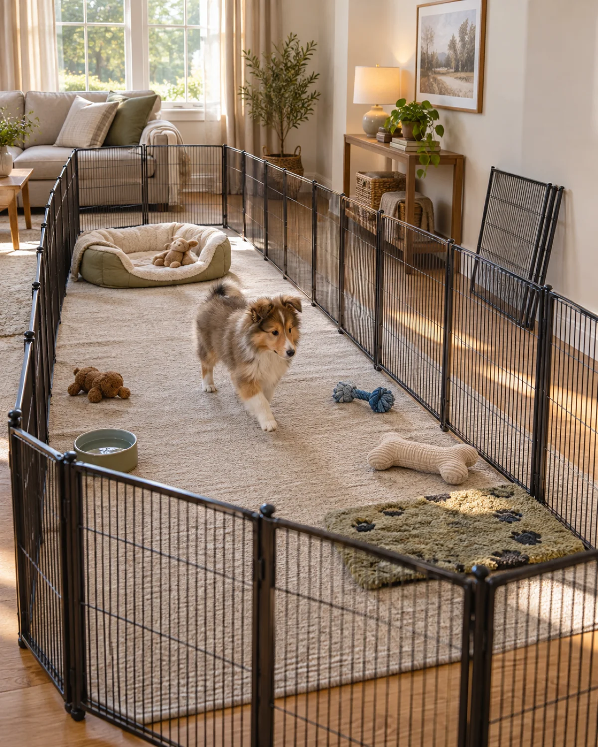a sable-and-white Sheltie-type puppy walking freely inside an expanded playpen with extra panels in a living room, with a removed panel section leaning against the wall and toys scattered around