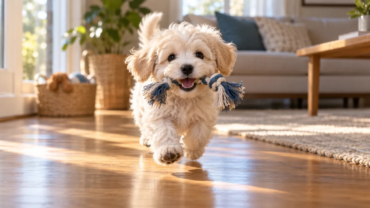 a small fluffy cream-white puppy with a round teddy-bear face bounding across a sunlit living room with a rope toy in its mouth
