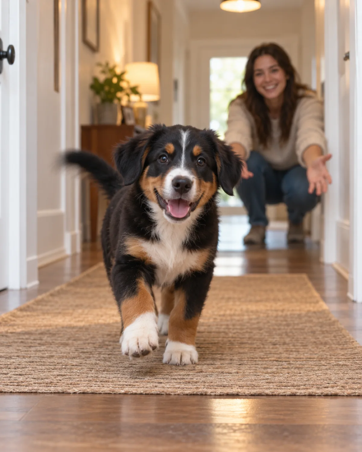 a medium tricolor puppy with black body, rust eyebrows and white chest blaze trotting excitedly through a bright hallway toward a person crouching with open arms