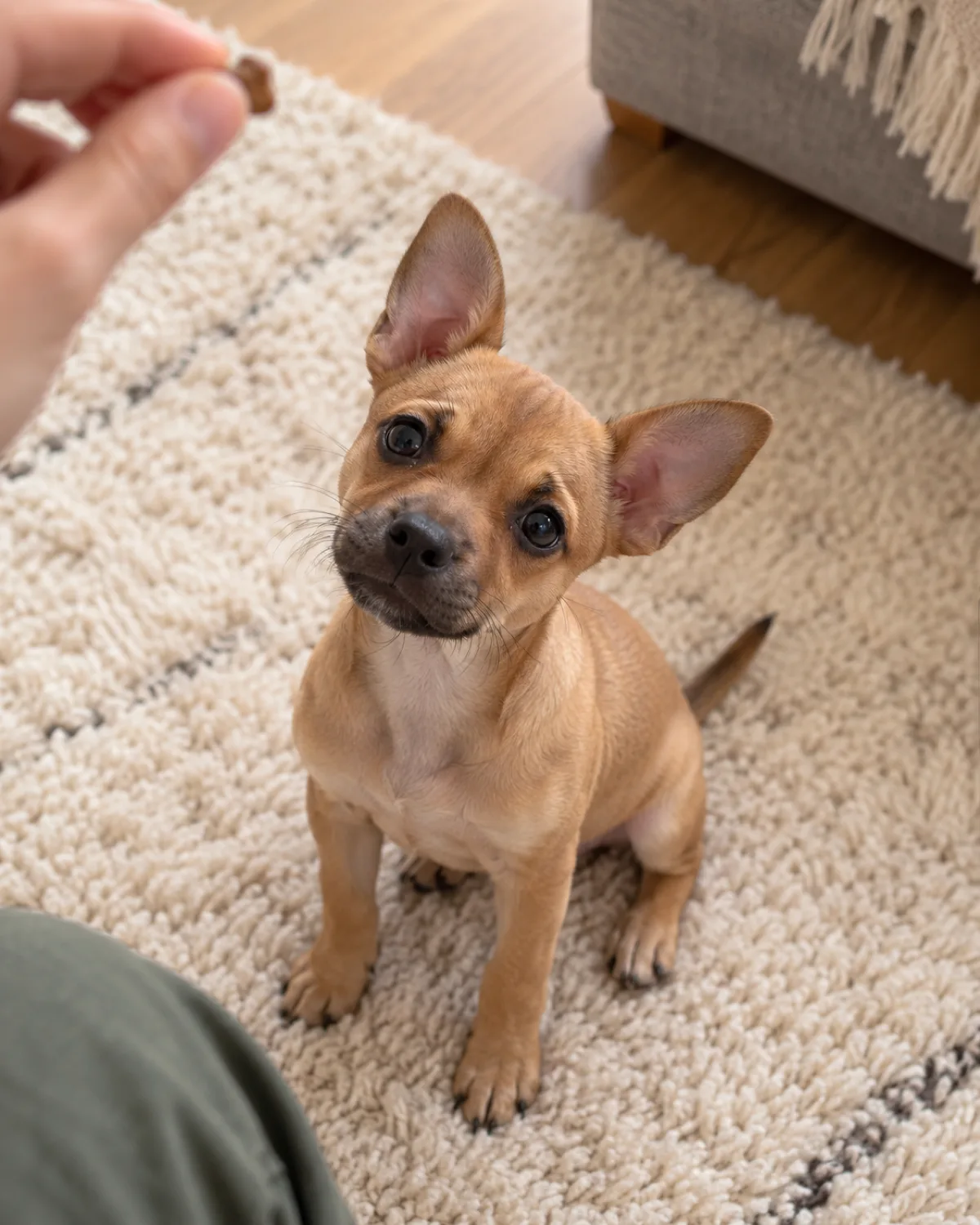 a tiny smooth-coated fawn puppy with large dark eyes and bat-like erect ears sitting on a cream wool rug tilting its head sharply to one side