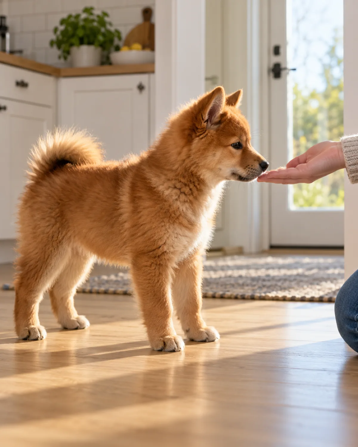 a medium puppy with a thick orange-red double coat, curled tail and erect triangular ears stretching its nose forward to touch an open palm in a bright kitchen doorway