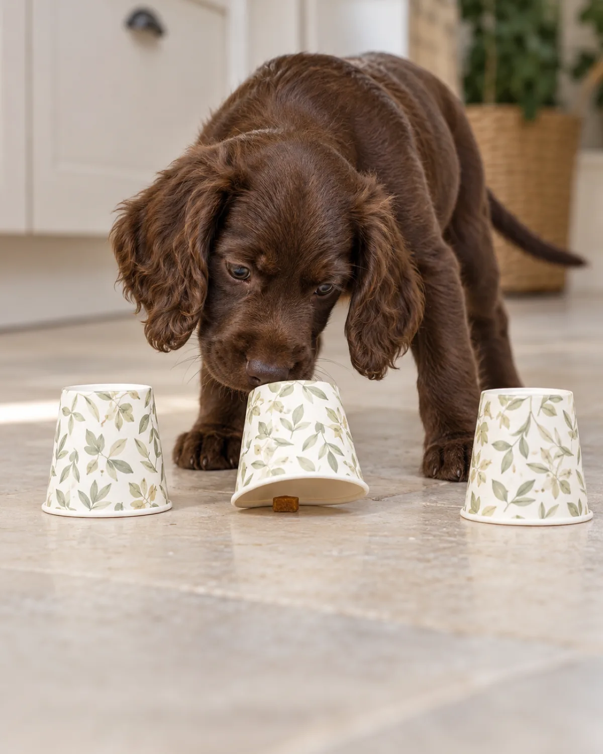 a medium chocolate-brown puppy with wavy ears and a blocky head nosing one of three overturned paper cups on a pale kitchen floor with a treat visible underneath