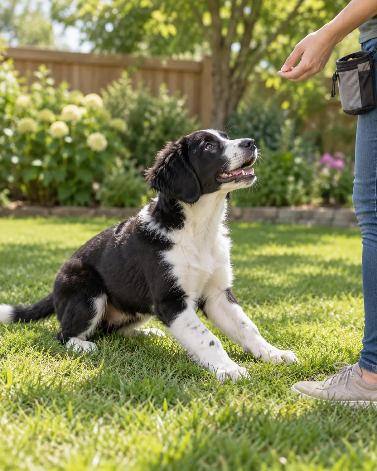 a large black-and-white puppy with a medium-length coat and feathered ears mid-transition between sit and down on a grass backyard lawn