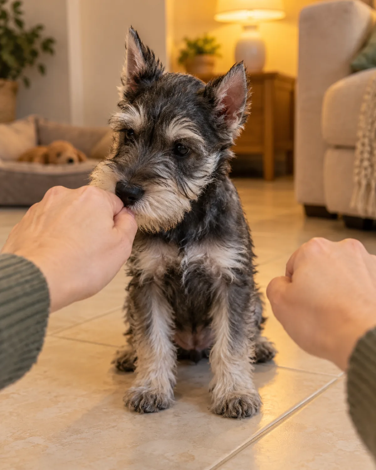 a small wiry salt-and-pepper puppy with bushy eyebrows and a beard sitting on cream tile floor with its nose pressed against a person's closed left fist