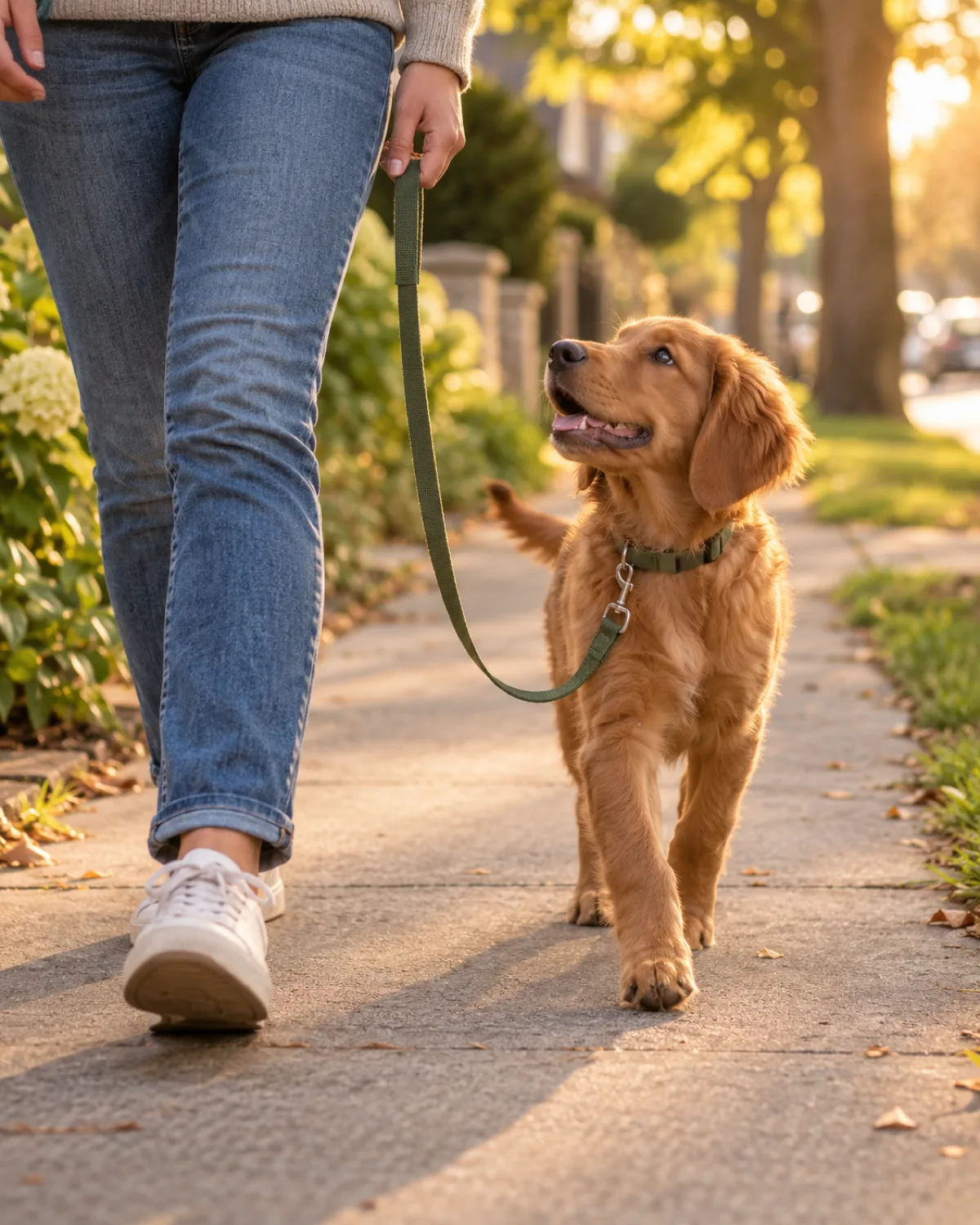 a medium golden-red puppy with a silky feathered coat and long floppy ears walking on a loose leash on a quiet residential sidewalk in golden hour light