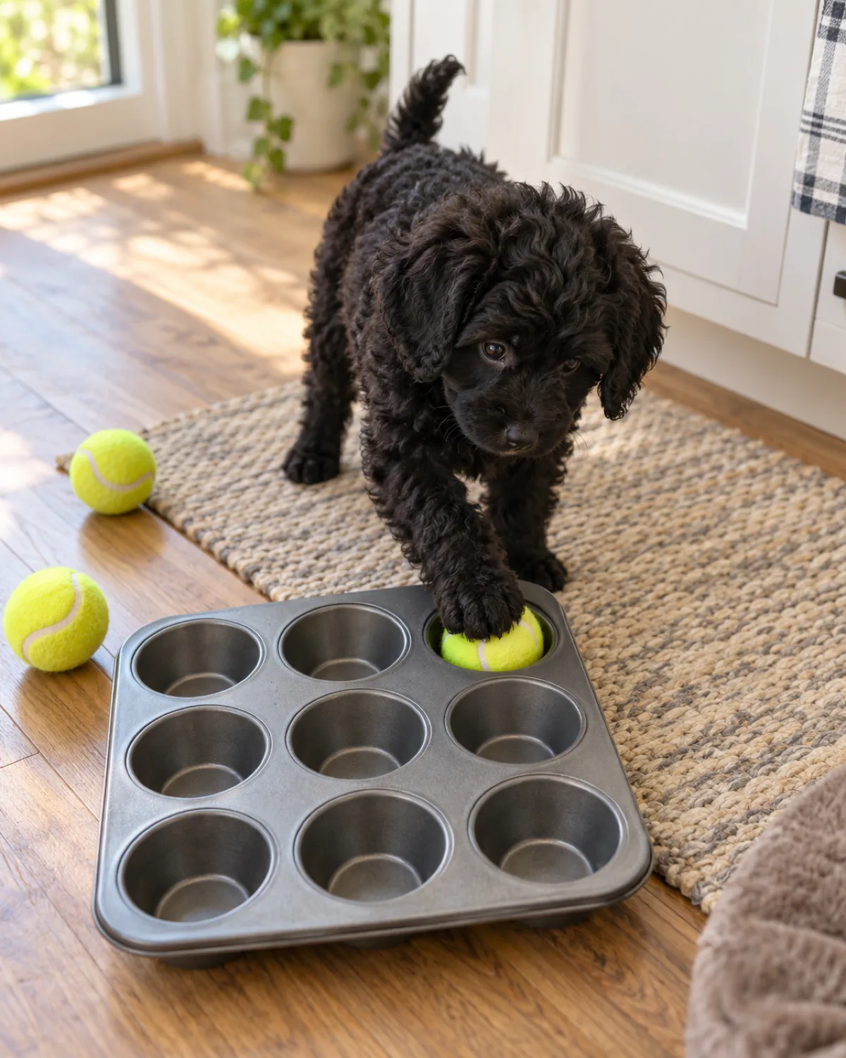 a small solid-black puppy with a curly tight coat pawing at a yellow tennis ball wedged in a muffin tin cup on a kitchen floor