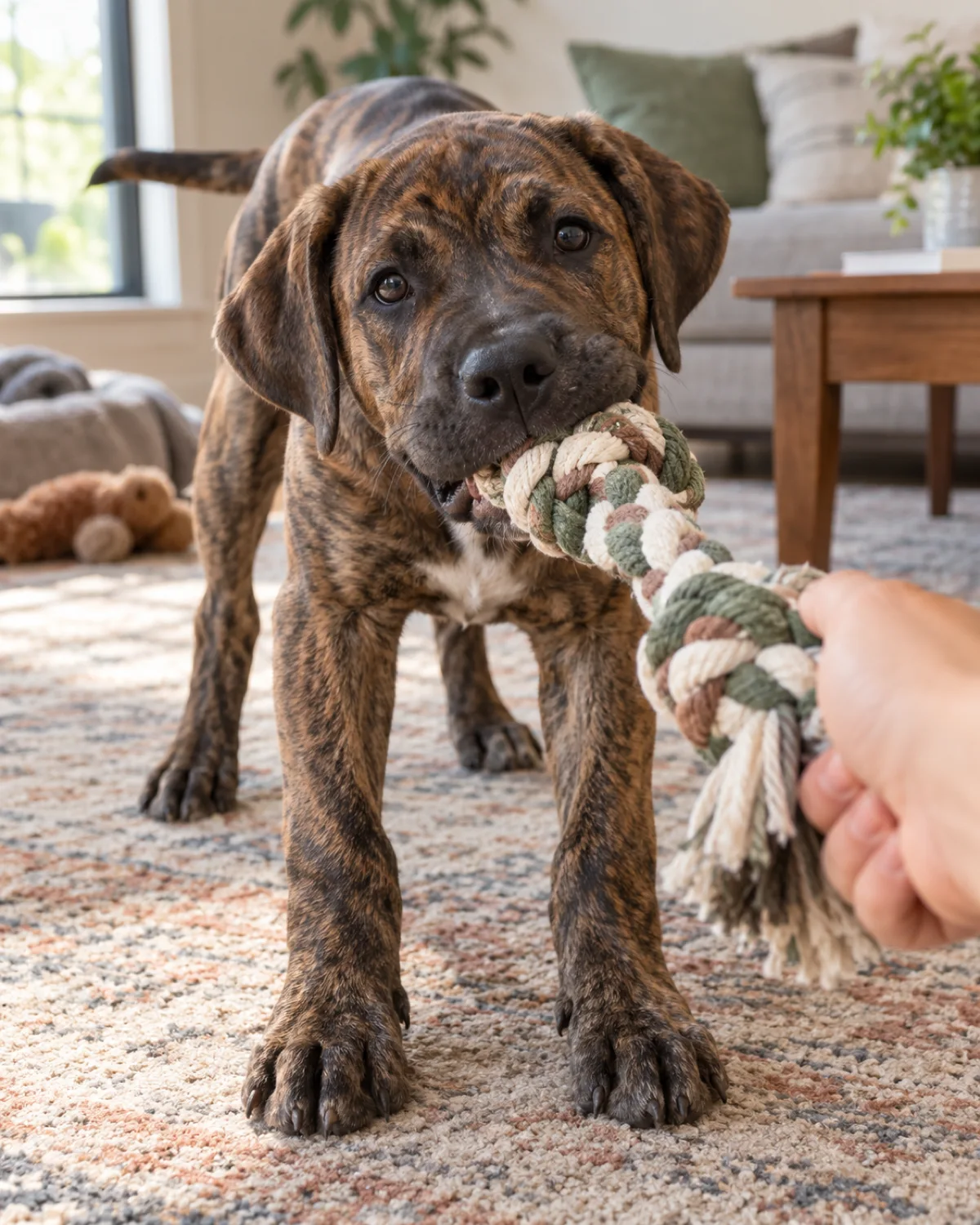 a large brindle puppy with a muscular frame and floppy ears gripping one end of a thick braided rope toy in a gentle tug on a living room rug