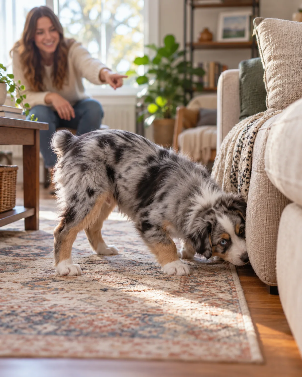 a medium blue-merle puppy with one blue eye and one brown sniffing behind a sofa cushion on a living room floor with a person pointing from across the room