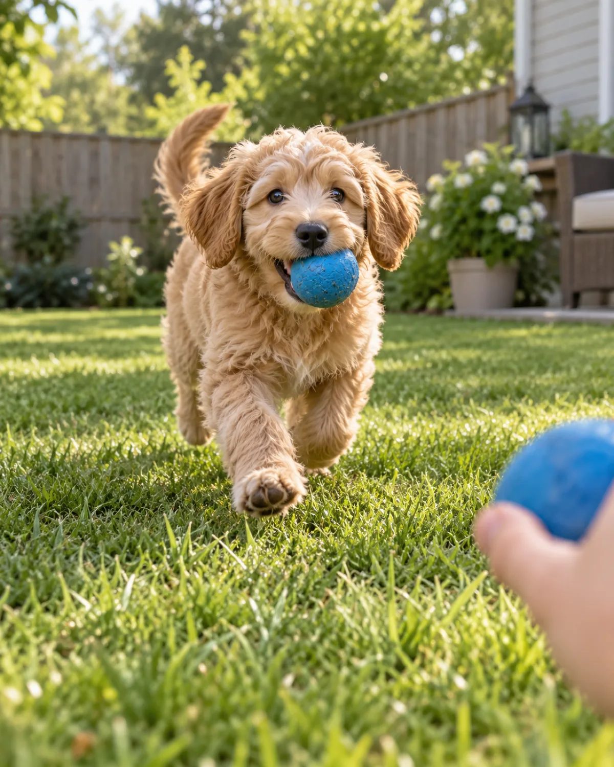 a medium apricot-gold puppy with a shaggy wavy coat running back toward the camera across a fenced grassy backyard carrying a blue ball