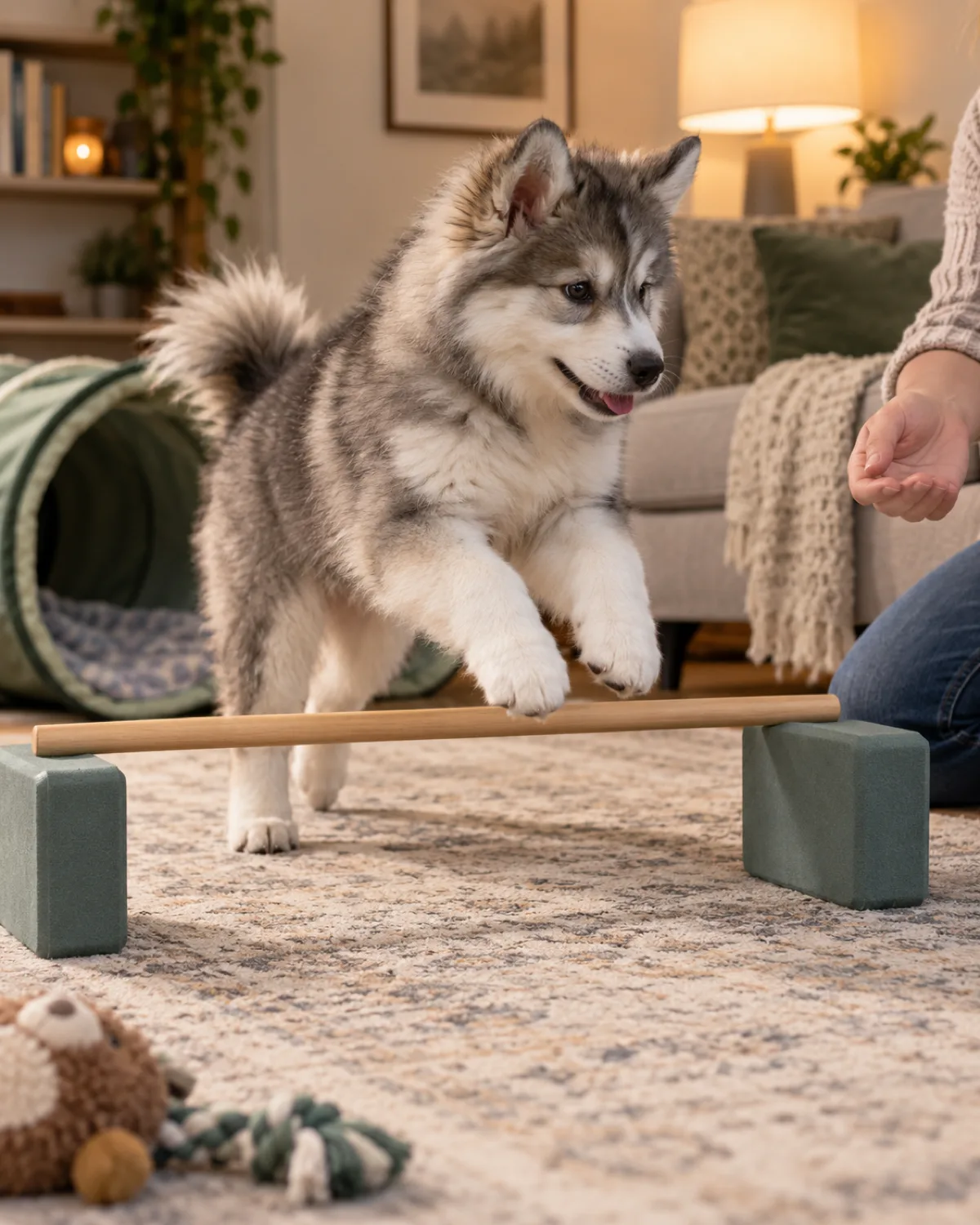 a large grey-and-white puppy with a thick double coat and erect triangular ears stepping carefully over a broomstick balanced on two low yoga blocks in a living room