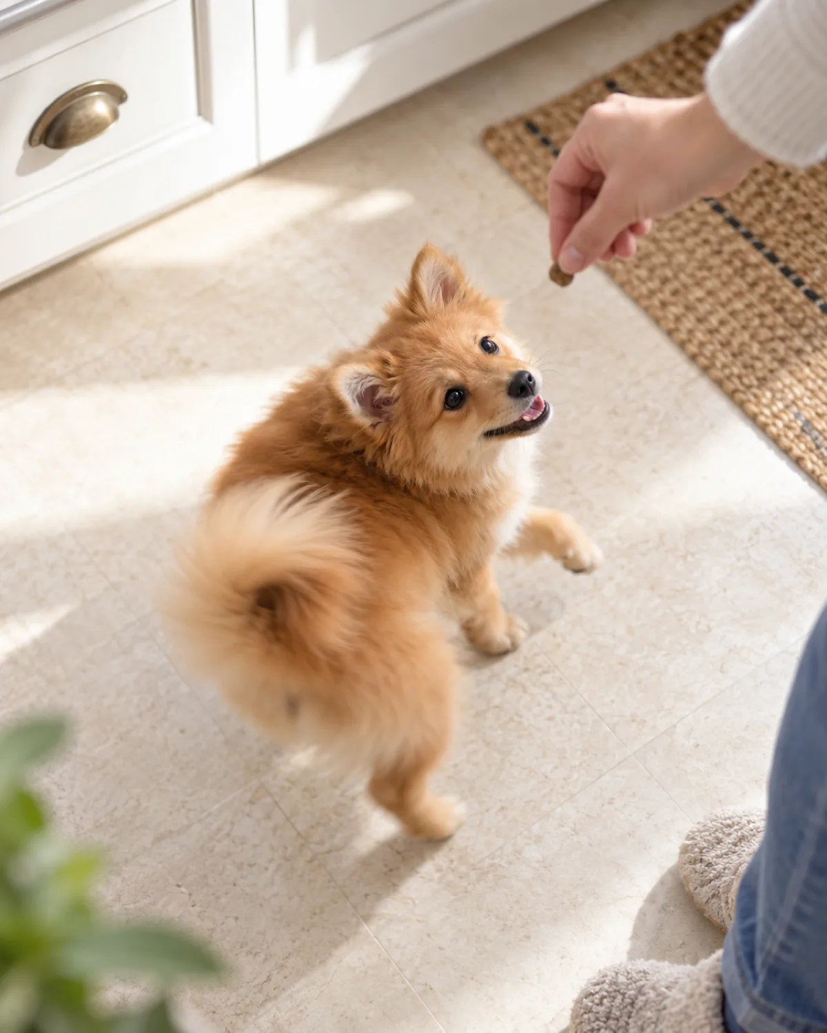 a tiny fluffy orange puppy with a plumed tail curled over its back mid-spin in a tight circle on a cream kitchen floor following a treat lure