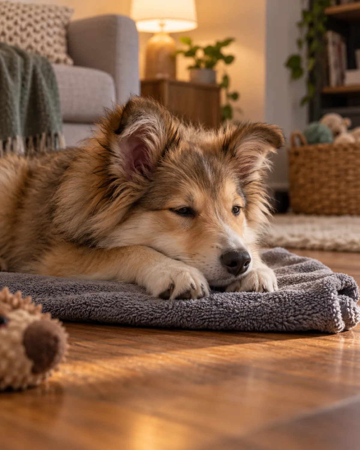 a medium sable-and-cream puppy with a long flowing coat lying calmly on a grey folded towel on a living room hardwood floor with chin resting on front paws